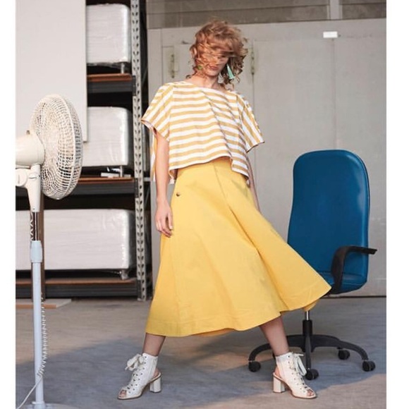 TELA Yellow Stripe Set Pencil Skirt Oversize Top Button Cotton Size L - Picture 2 of 16